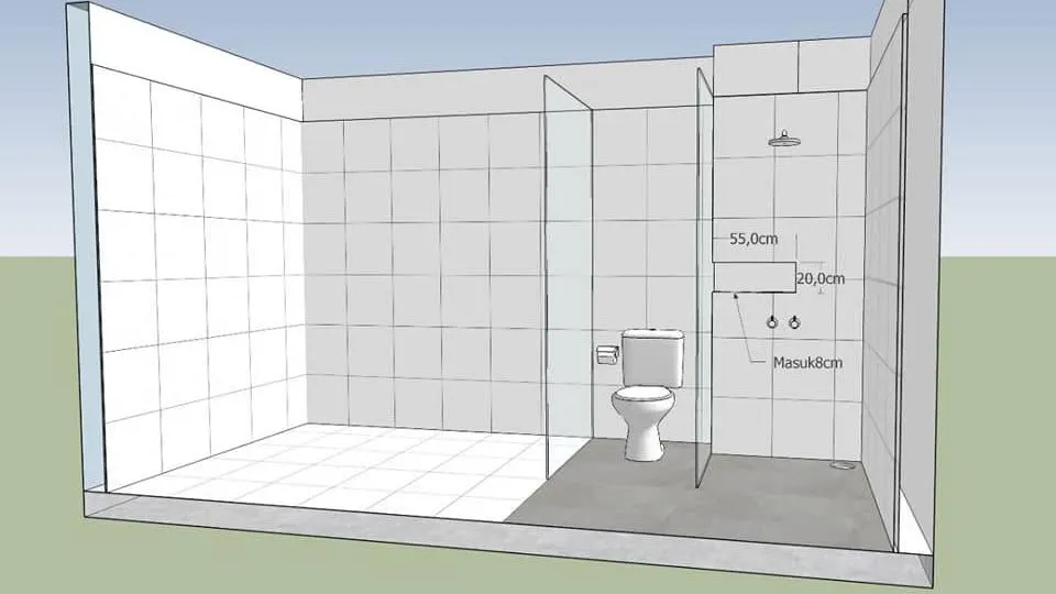 3D view of a bathroom layout with shower and toilet