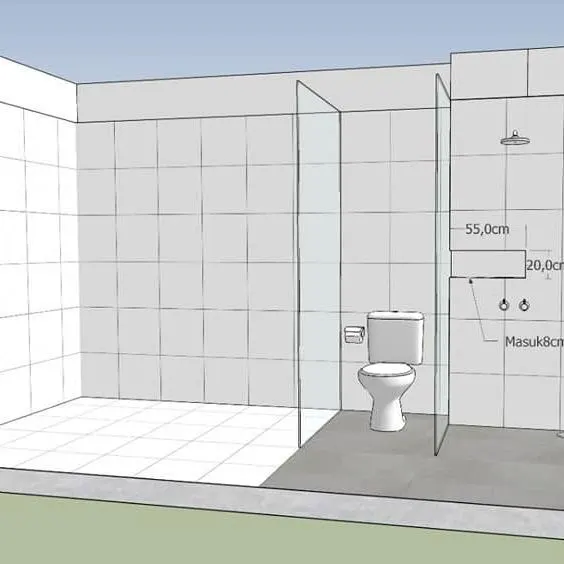 3D view of a bathroom layout with shower and toilet