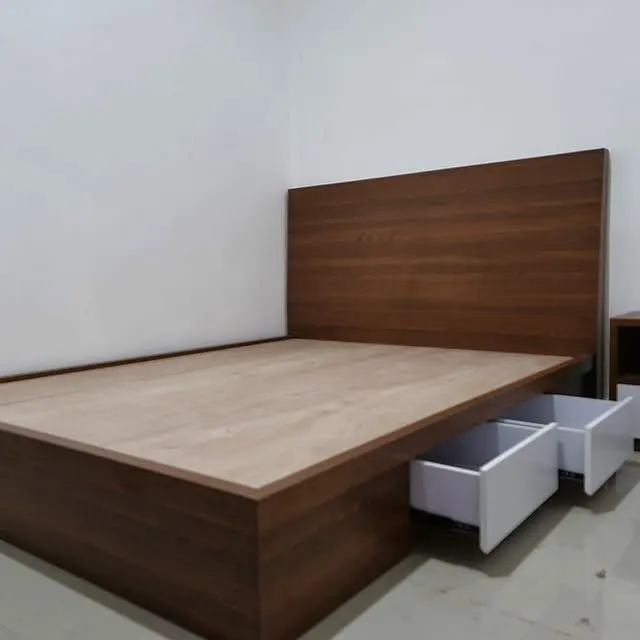 Custom wooden bed with built-in storage drawers