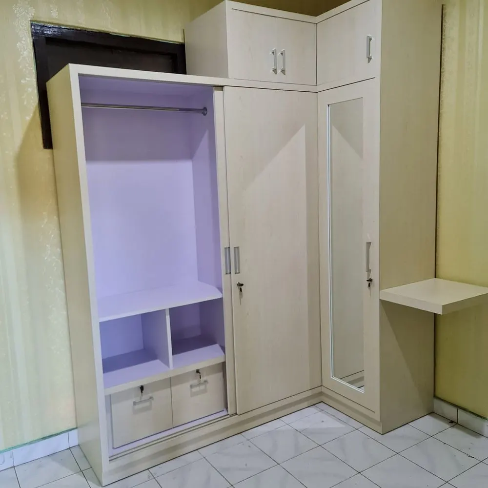 Custom wardrobe with sliding mirror door and open shelving