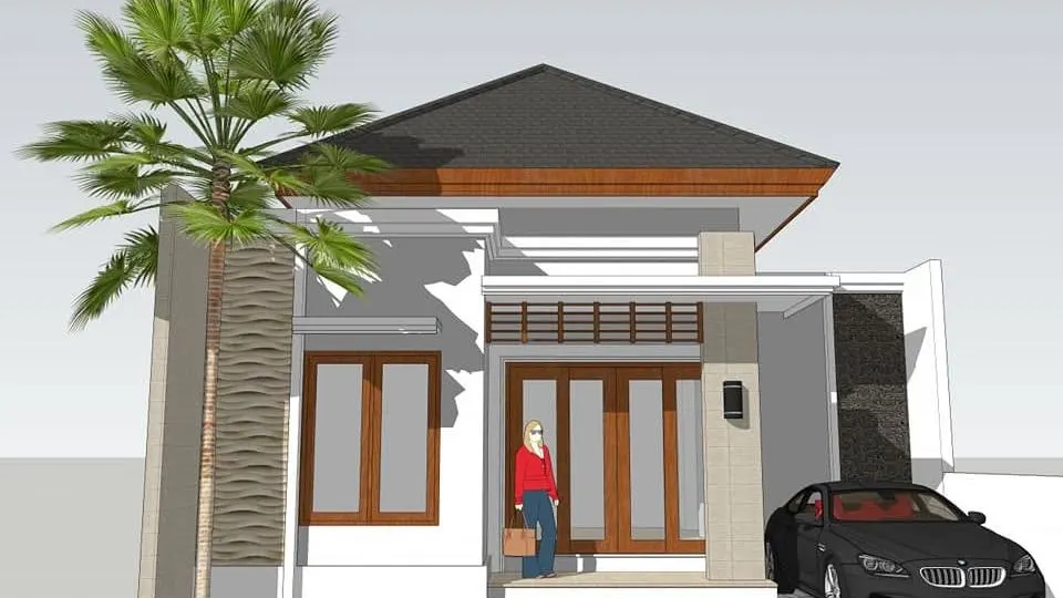 3D visual of a single-storey house with a covered porch and side carport