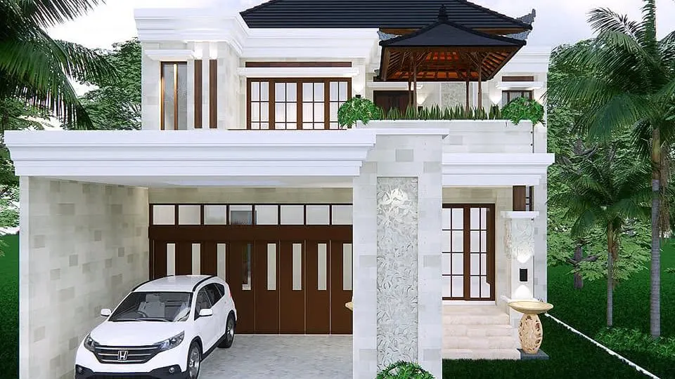 3D visual of a two-storey house with a hipped roof, white walls, and stone-clad piers