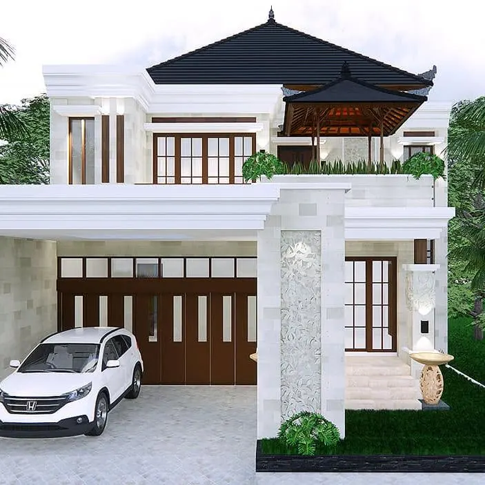 3D visual of a two-storey house with a hipped roof, white walls, and stone-clad piers