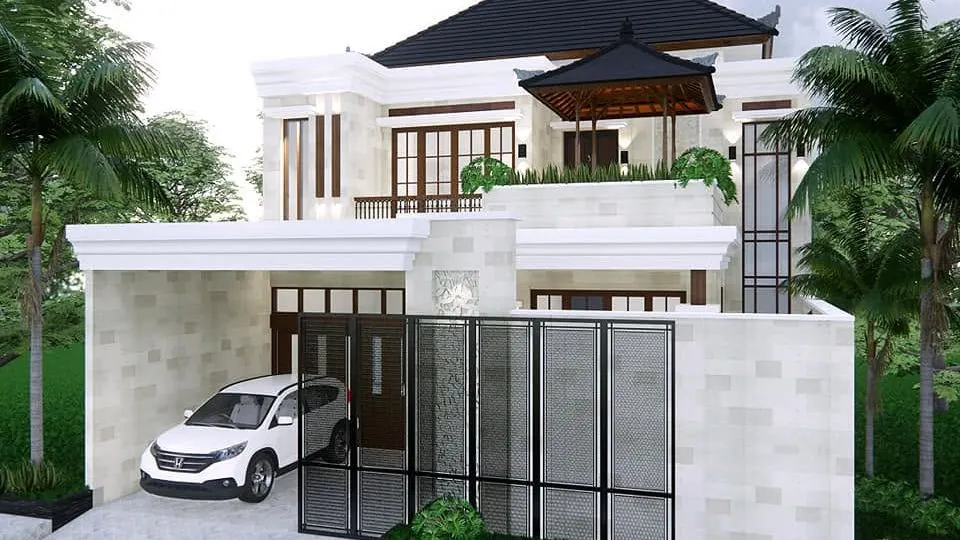 3D visual of a two-storey house behind a slatted fence with a carport