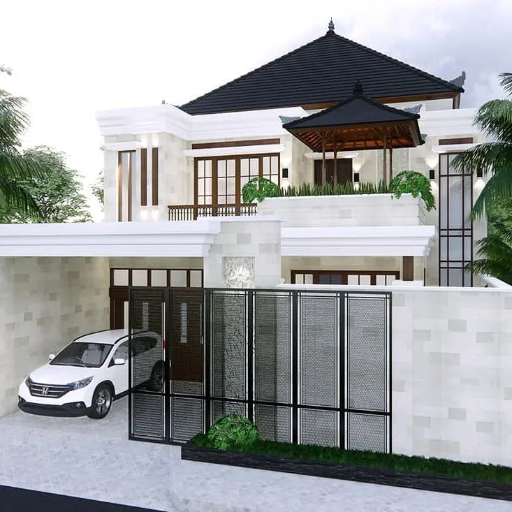 3D visual of a two-storey house behind a slatted fence with a carport